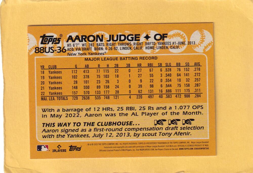 2023 Topps Update Series 1988 Baseball Blue #88US-36 Aaron Judge NM-MT+ New York Yankees + base 2 card lot Image 2