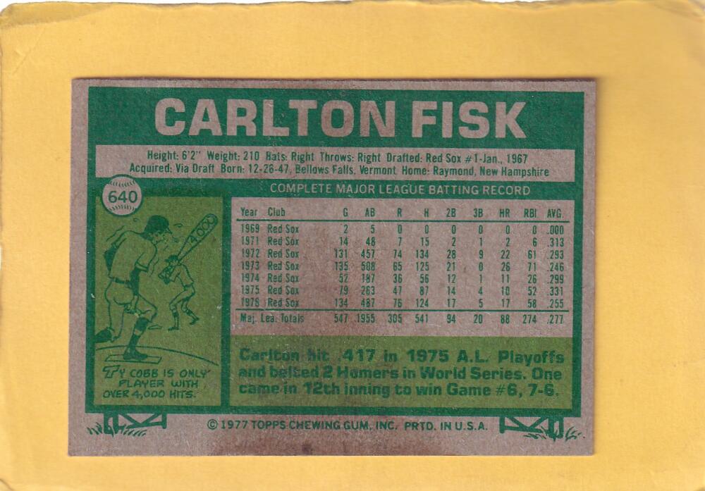 1977 Topps #640 Carlton Fisk EX/NM Boston Red Sox #28509 Image 2