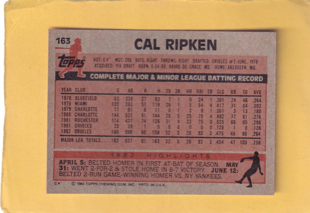 1983 Topps #163 Cal Ripken Jr. NM-MT Baltimore Orioles #28512 Image 2