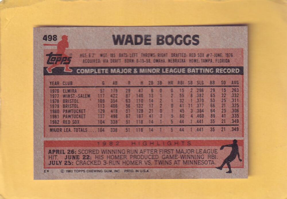 1983 Topps #498 Wade Boggs NM-MT RC Rookie Boston Red Sox #28514 Image 2