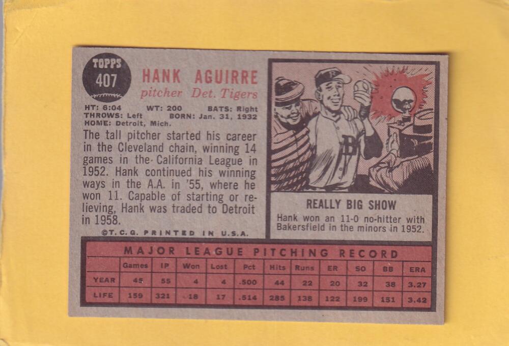 1962 Topps #407 Hank Aguirre NM Near Mint Detroit Tigers #28535 Image 2