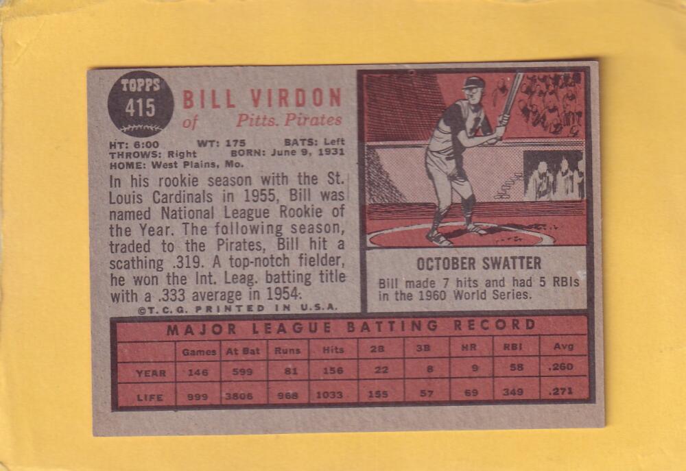 1962 Topps #415 Bill Virdon EX/NM Pittsburgh Pirates #28537 Image 2