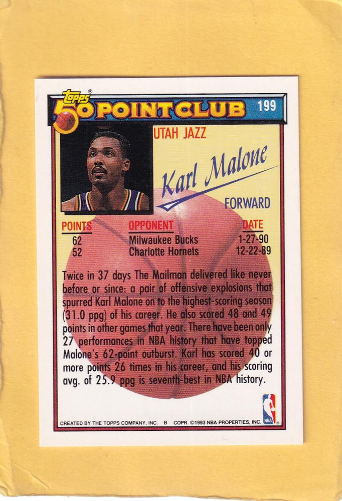 1992-93 Topps Gold #199 Karl Malone 50P NM-MT+ Utah Jazz Image 2