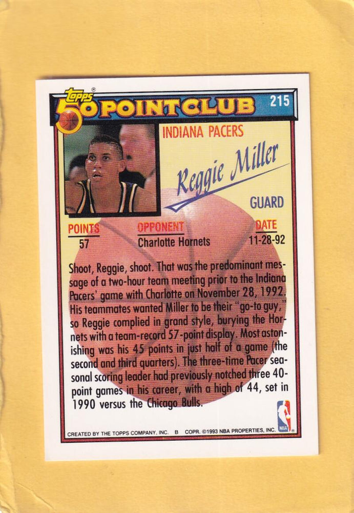 1992-93 Topps Gold #215 Reggie Miller 50P NM-MT+ Indiana Pacers Image 2