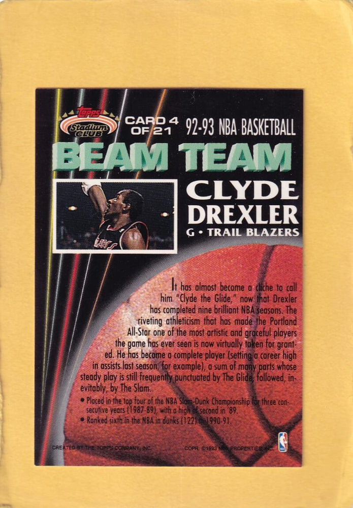 1992-93 Topps Stadium Club Beam Team #4 Clyde Drexler NM-MT Portland Trail Blazers #28575 Image 2