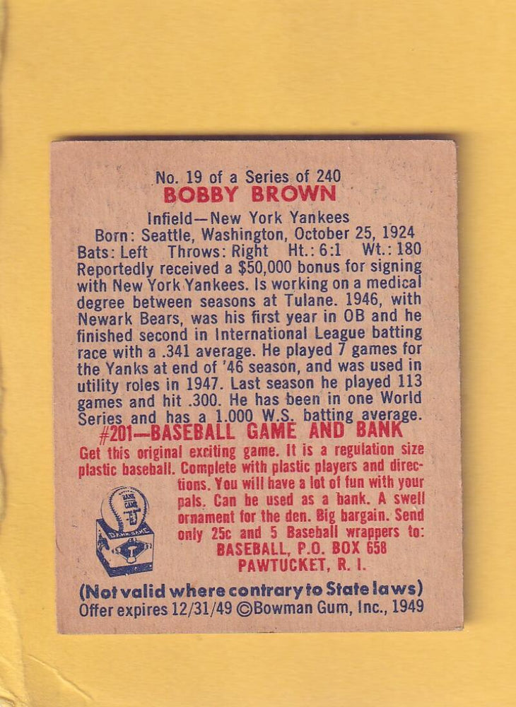 1949 Bowman #19 Bobby Brown EX Excellent RC Rookie New York Yankees #28580 Image 2