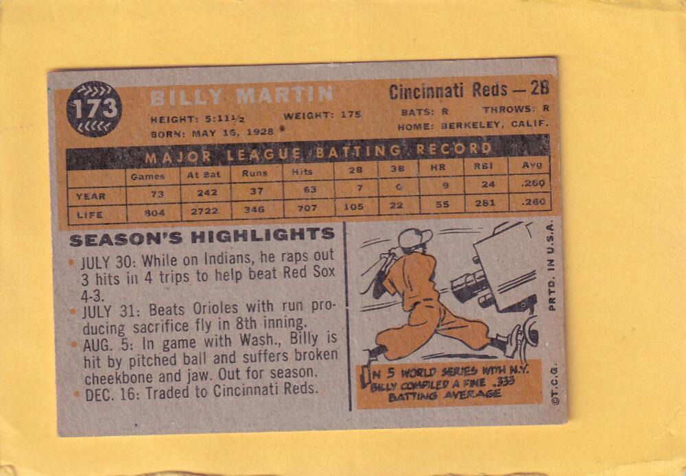 1960 Topps #173 Billy Martin EX Excellent Cincinnati Reds #28584 Image 2