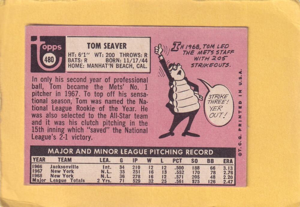 1969 Topps #480 Tom Seaver EX Excellent New York Mets #28594 Image 2