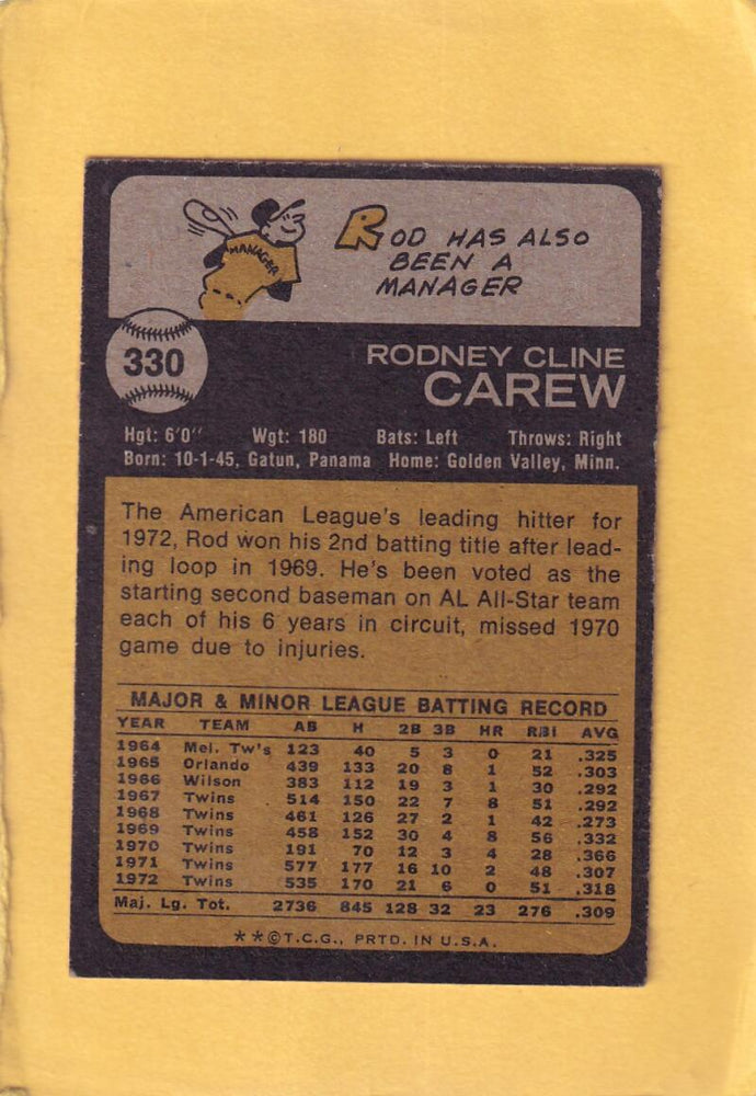 1973 Topps #330 Rod Carew NM Near Mint Minnesota Twins #28599 Image 2