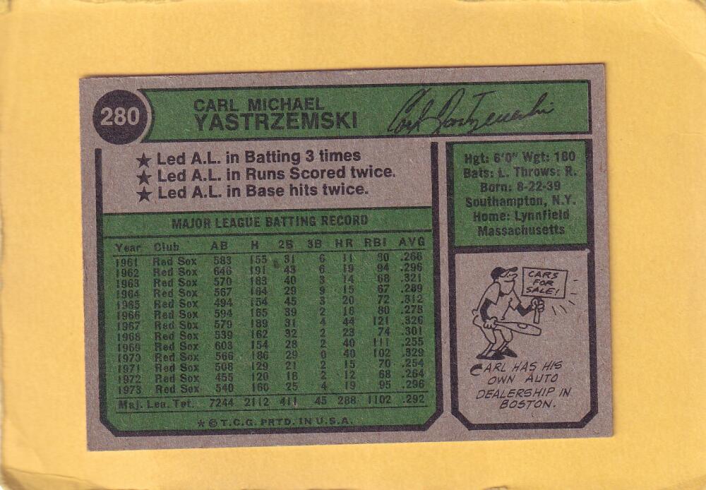 1974 Topps #280 Carl Yastrzemski EX/NM Boston Red Sox #28600 Image 2