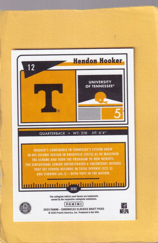 2023 Panini Chronicles Draft Picks Classics Premium Edition Orange #12 Hendon Hooker NM-MT+ Tennessee Volunteers Image 2