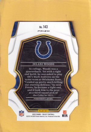 
                
                    Load image into Gallery viewer, 2022 Panini Select Red and Blue Prizm Die-Cut #143 Jelani Woods Premier Level NM-MT+ Indianapolis Colts Image 2
                
            
