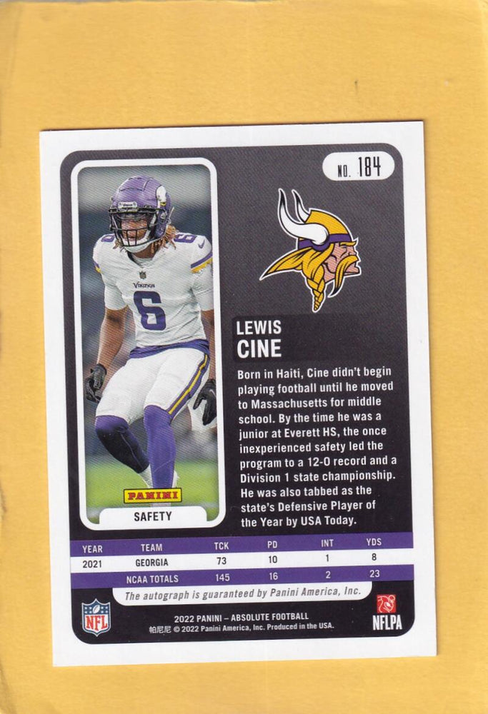 2022 Panini Absolute Signature Rookies #184 Lewis Cine NM-MT+ Auto Minnesota Vikings Image 2