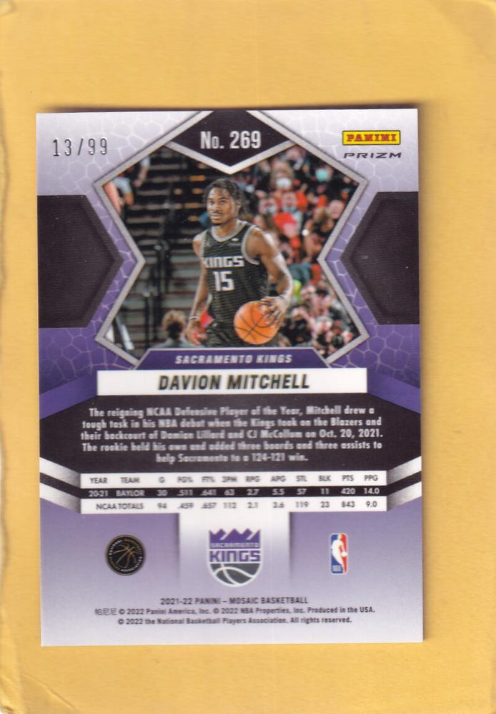 2021-22 Panini Mosaic NBA Debut Mosaic Blue #269 Davion Mitchell NBA Debut NM-MT+ 13/99 Sacramento Kings Image 2