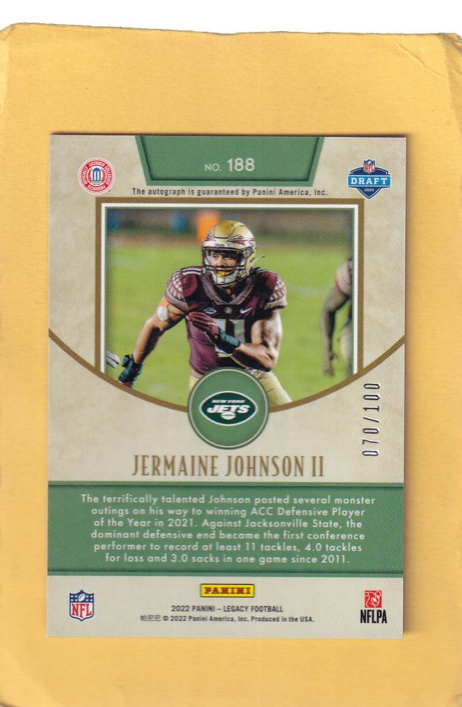 2022 Panini Legacy Premium Penmanship Bronze #188 Jermaine Johnson II Rookie NM-MT+ Auto 70/100 New York Jets Image 2