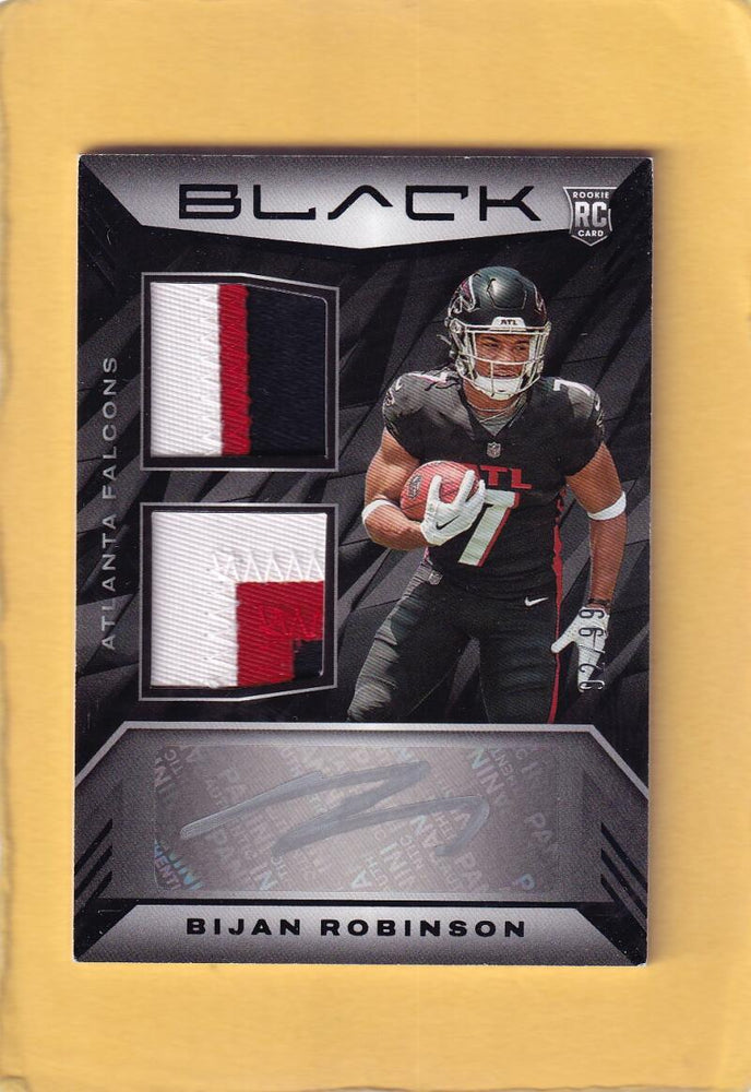 2023 Panini Black Rookie Signature Materials Bijan Robinson Near Mint or Better MEM Auto 92/99 Atlanta Falcons Corner and border wear Image 1