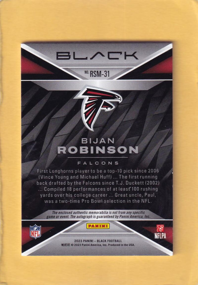 2023 Panini Black Rookie Signature Materials Bijan Robinson Near Mint or Better MEM Auto 92/99 Atlanta Falcons Corner and border wear Image 2