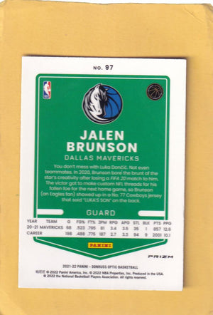 2021-22 Donruss Optic Blue Velocity #97 Jalen Brunson NM-MT+ Dallas Mavericks Image 2