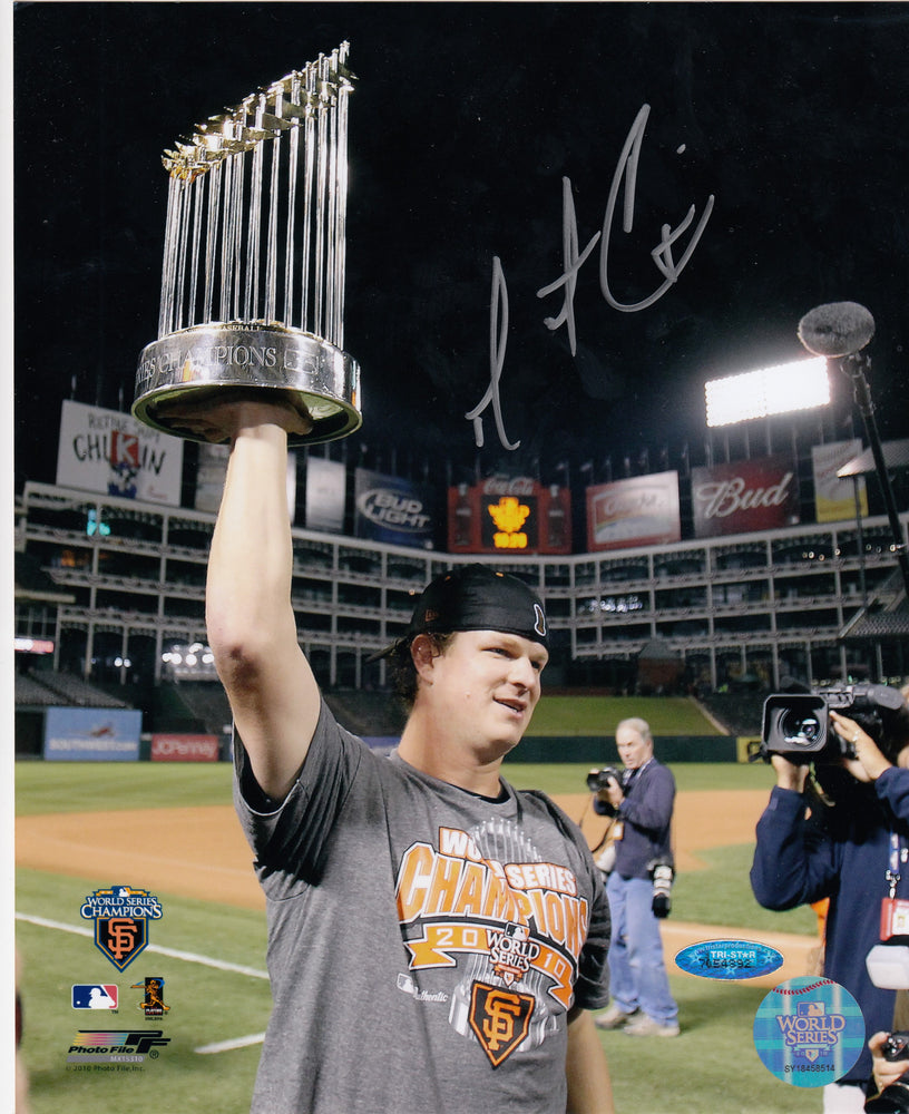 
                
                    Load image into Gallery viewer, Matt Cain San Francisco Giants Autographed 8x10 Photo (Vertical, Holding World Series Trophy, World Series Champions Shirt)
                
            