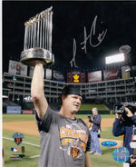 Matt Cain San Francisco Giants Autographed 8x10 Photo (Vertical, Holding World Series Trophy, World Series Champions Shirt)