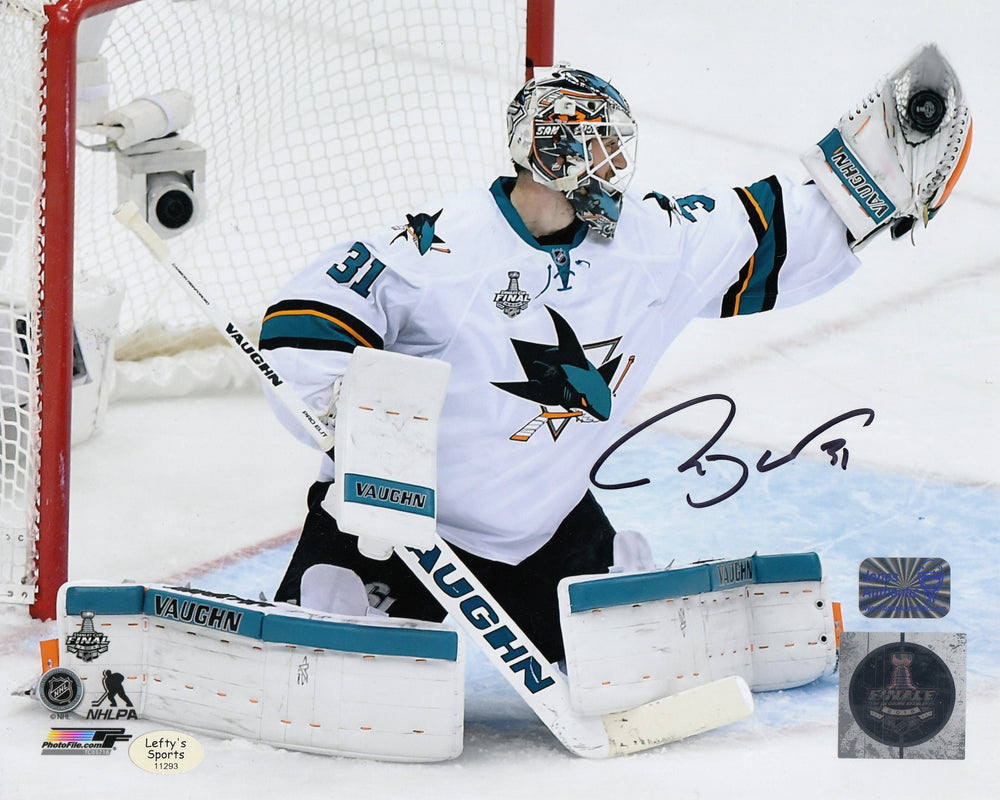 
                
                    Load image into Gallery viewer, Martin Jones San Jose Sharks Autographed 8x10 Photo (Horizontal, Caught Puck in Hand, White Jersey)
                
            