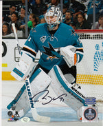 Martin Jones San Jose Sharks Autographed 8x10 Photo (Vertical, At Goal, Blue Jersey)