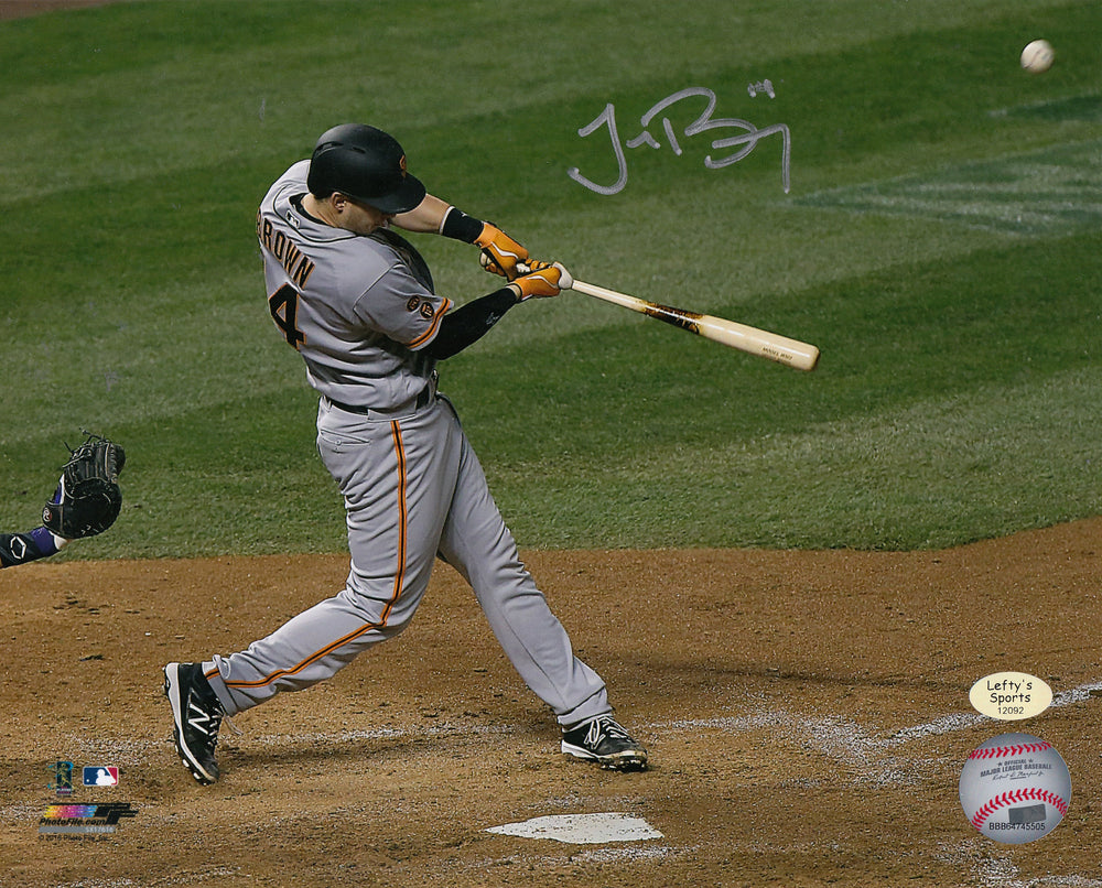 
                
                    Load image into Gallery viewer, Trevor Brown San Francisco Giants Autographed 8x10 Photo (Horizontal, Swinging, Gray Jersey)
                
            