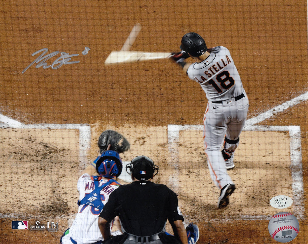 
                
                    Load image into Gallery viewer, Tommy La Stella San Francisco Giants Autographed 8x10 Photo (Horizontal, Batting, Gray Jersey)
                
            
