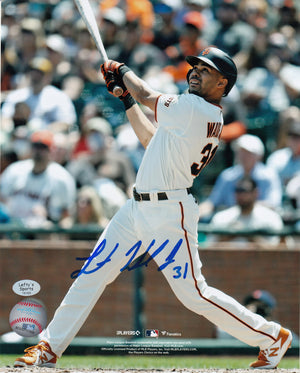 
                
                    Load image into Gallery viewer, LaMonte Wade Jr. San Francisco Giants Autographed 8x10 Photo (Vertical, Swinging, White Jersey)
                
            