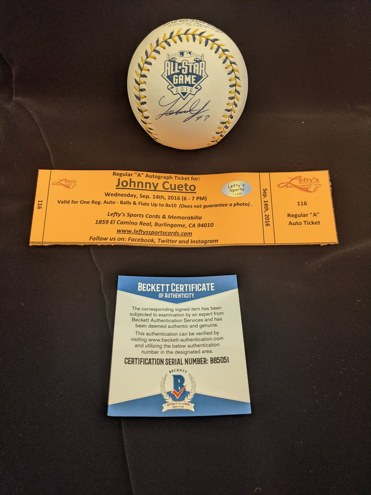 Johnny Cueto Autographed 2016 All-Star Game Baseball Beckett Authentic